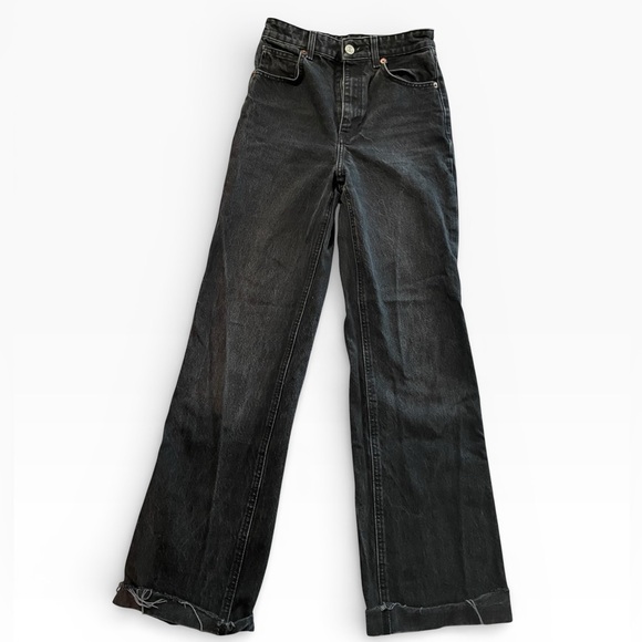 Zara High Rise Wide Leg Black Jeans Size 4 EUR 36 Raw Hem Flare - Picture 3 of 9